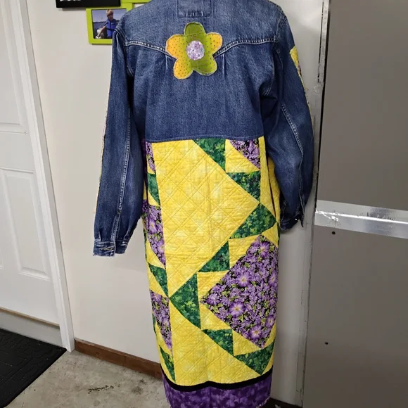 American Eagle Outfitters Patchwork Denim Jacket with Purple and Yellow Accents
